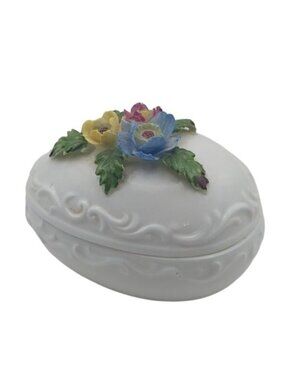 Vintage Towle Fine Bone China Egg Shaped Trinket Dish With Capodimonte Flowers
